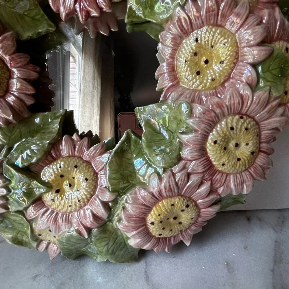 Floral Sunflower Wall Mirror - Pink and Green majolica ceramic artist mirror